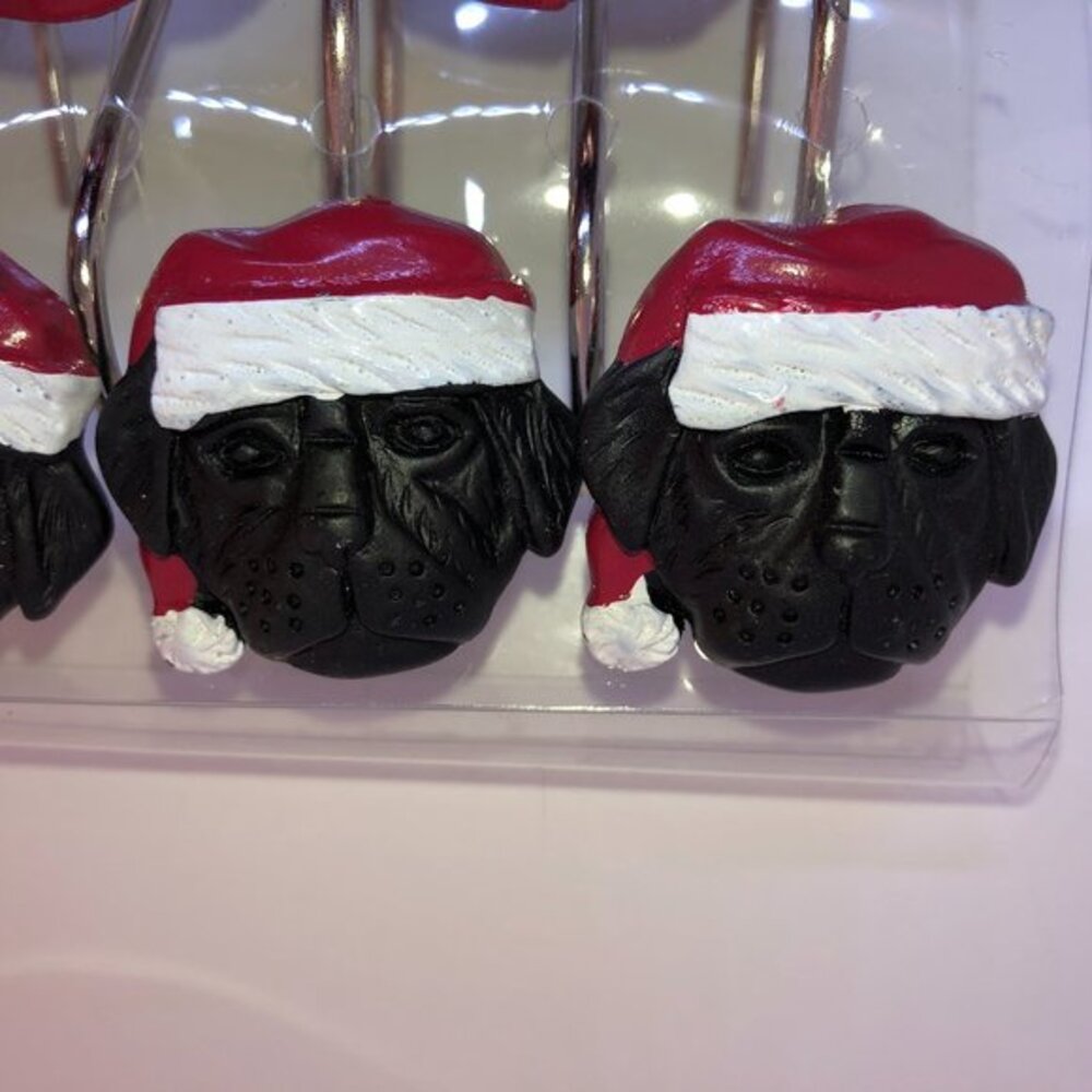 Christmas Shower Curtain Hooks w/Dogs Red Hats 12PC Set,‎ NWOT
